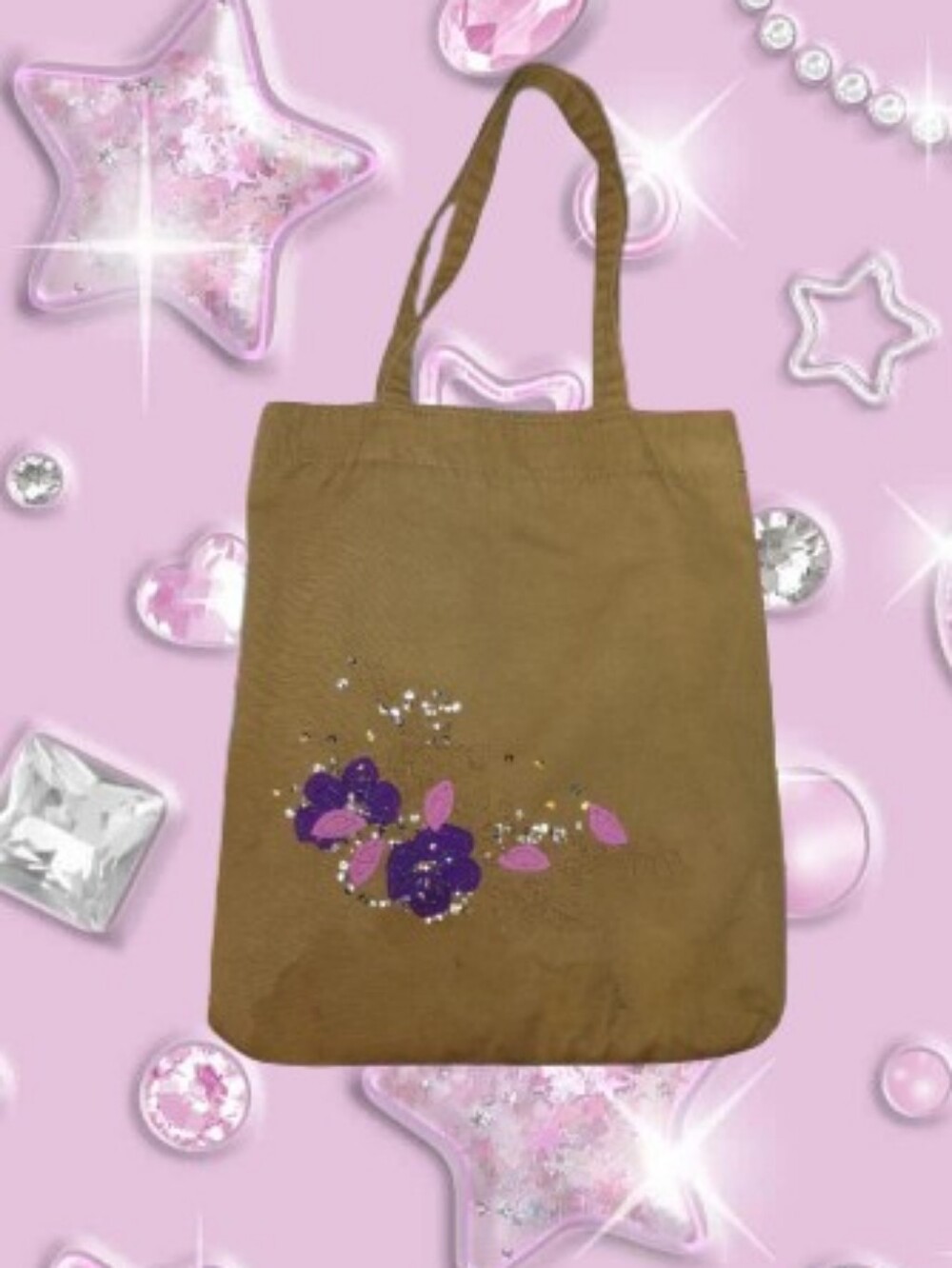 Whimsy Y2K Purple & Pink Floral Tan Embroidered Bag